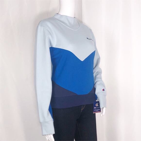 Champion Snowd Grey Blues Colorblock Long Sleeves V CrewNeck Sweatshirt SzS NWOT - Picture 1 of 16